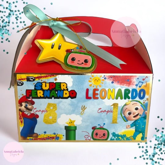 Sibling Super Mario and Cocomelon favor box